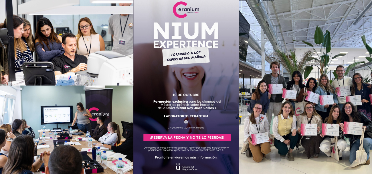 Alumnos del Máster en Prótesis sobre Implantes de la URJC durante la jornada NIUM Experience en Laboratorio Dental Ceranium junto a KLOCKNER.